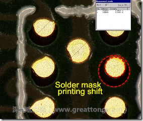 電路板BGA下面的防焊層印刷偏移，造成焊墊大小不一致。