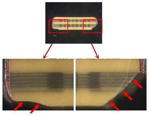 從破裂的現(xiàn)象與電容廠商切片的照片看來，破裂的痕跡從端接處以斜角裂開，電容零件的確像是機(jī)械外應(yīng)力所造成的破裂。