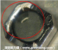 使用錫(Sn)鍍層的電源電感器(Power Inductors)，經(jīng)過推力測(cè)試后，其焊點(diǎn)還保留在零件的端點(diǎn)上，所以推力比較高。