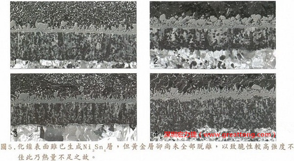 下面四圖顯示，當焊接的熱量不足或未持續(xù)時，雖然Ni3Sn4的薄薄IMC層已經生成而焊牢，但也會因為AuSn及AuSn2還未來得及逸走，而停留在共金介面附近，當有外力拉扯的時候，就很容易斷裂開來。這就是為何ENIG的焊點強度，始終不如銅面焊點(Cu6Sn5)來得更為牢固的主因之一。
