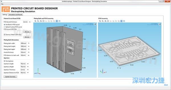 電鍍App允許PCB板設(shè)計(jì)人員導(dǎo)入不同的設(shè)計(jì)(包含或不含虛置圖形)，點(diǎn)擊計(jì)算，然后就能查看所仿真的厚度均勻性-深圳宏力捷
