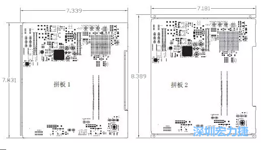 如圖11所示在兩種拼板中PCB單元的邊條位置不同，拼板1中邊條在長(zhǎng)邊方向，而拼板2中邊條在短邊方向-深圳宏力捷