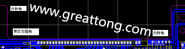 PCB設(shè)計時單面板的轉(zhuǎn)角都需為圓角，R1.0mm或R2.0mm為宜。