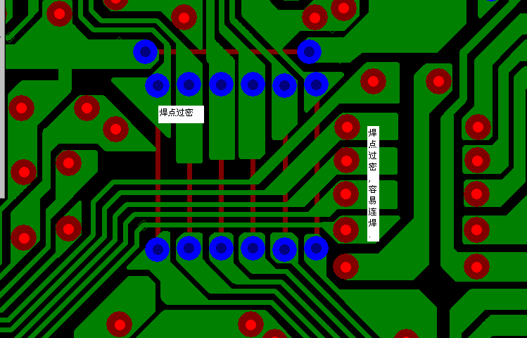 PCB設計焊點過密，易造成波峰連焊，焊點間漏電