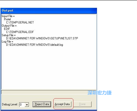 系統(tǒng)彈出一個輸出窗口，點(diǎn)擊 Accept Data。完成后點(diǎn)擊“確定”，再點(diǎn)擊“Done”關(guān)閉輸出窗口。退出 Omninet for Windows。