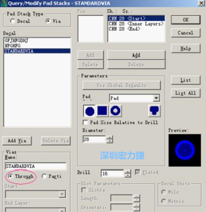 分析文件完成后，點(diǎn)擊菜單Setup→Pad Stacks調(diào)出焊盤堆設(shè)置窗口，將Pad Stack Type改為Via
