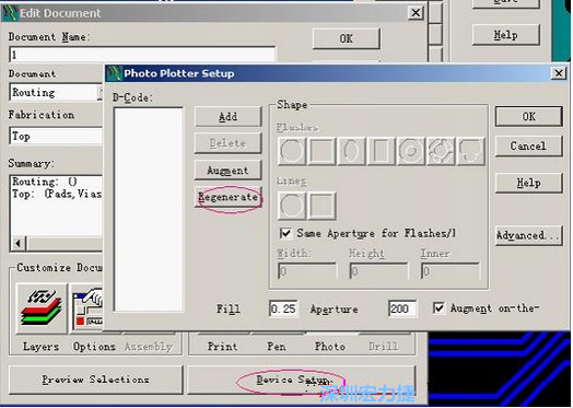 當Gerber和鉆孔都設置完后，選擇一貼片元件較多的層（一般為Top層），點擊Device SetupPhoto，將 Plotter Setup窗口D-Code欄原有的D碼刪除并按Regenerate重新生成