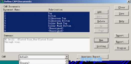 回到Dsfine CAM Documents窗口 ，將所有須輸出的文件用鼠標拉住選擇，按Run輸出，默認輸出路徑是安裝目錄的\CAM\default，也可按CAM的Create更改