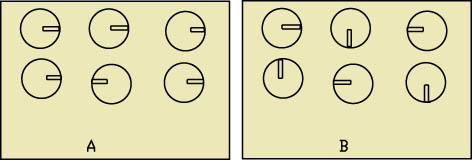 所有徑向電容的負(fù)極朝向一邊可很容易發(fā)現(xiàn)錯(cuò)誤(A)，反之則較為困難(B)