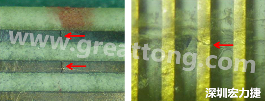 一旦找到確切的銅箔線路斷裂位置，如果還是無法觀察到斷裂的現(xiàn)象，就試著在顯微鏡下彎曲該位置的軟板，這樣就可以突顯并放大斷裂銅箔的開口了。 