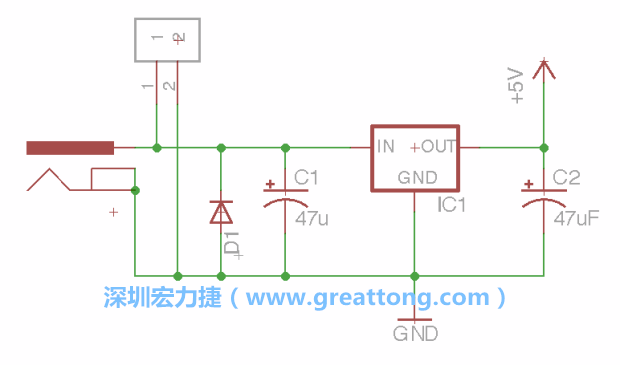 2.5.    新增一個二極體，它會以水平的狀態(tài)出現(xiàn)在屏幕上，請使用「旋轉（Rotate）」工具把它負極那一面朝上，并且用「網(wǎng)絡連接」工具將它連接在電壓調整器的輸入端和接地端之間。