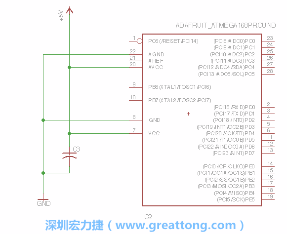 3.1.    新增微控制器晶片（RBBB → ATmega），把它放在電路原理圖的中央附近，把它的兩個接地接頭連接到接地訊號端。