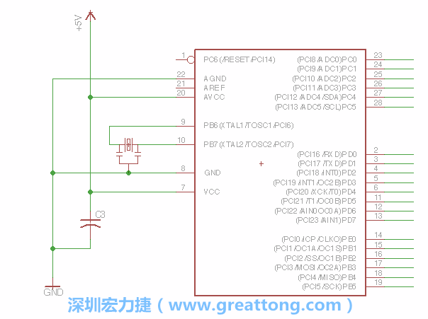 3.2.    在靠近ATmega的電源供應針腳7的位置放置一個0.1μF的電容，將它分別連接電源、接地端和針腳7。