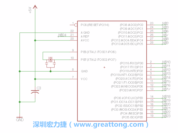 3.3.    將共鳴器（resonator）放置在針腳9和針腳10附近，將它的三個針腳連接如圖所示，并確認最中間的針腳有連到接地端。