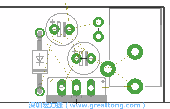 如同第一篇的步驟，我們將從電源迴路開(kāi)始著手，移動(dòng)電源插座（Power Jack）、電壓調(diào)整器、二極體、兩個(gè)電容和輔助接頭JP1到如上圖所示的位置。