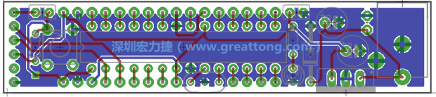 第二篇文章則帶領你進行電路板上的布線、連結點的配置，并利用「設計規(guī)則檢查（Design Rule Check）」測試你的設計，第二篇文章的電路板設計圖將如下所示：