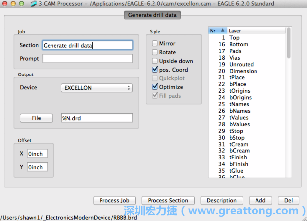 打開「excellon.cam」的工作項目并建立drill文件（副檔名為「.dri」和「.drd」），之后你只會用到「.drd」的文件檔；「.dri」的文件只是解釋用資料（所謂后設資料）而已。
