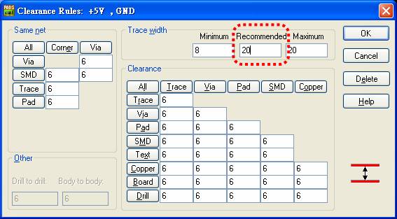 圖22 電源、接地線寬設(shè)定