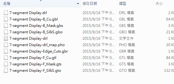 所謂Gerber檔，其實(shí)是包含一群檔案 (如下圖所示)，如包含正反面銅箔層 F.Cu B.Cu.，正反面文字面 F.Silkscreen ，B.Silkscreen，防焊層 SolderMask、板邊裁切Edge.Cuts 等。