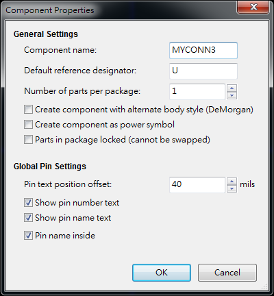 按下工具  "Create a new component"， 出現(xiàn)底下畫面， 按下OK后， 產(chǎn)生MYCONN3/U? 文字重迭在一在， 把它們分開(用mouse選擇并按下"M"， 即可移動(dòng))