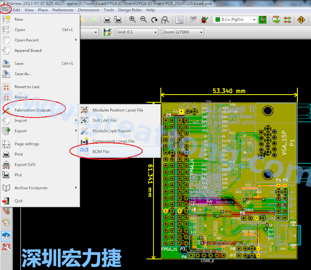在Kicad的PCB Editor, 點(diǎn)選 File->Fabrication Outputs->BOM File, 即可產(chǎn)生一個 .csv 的Excel 檔案。