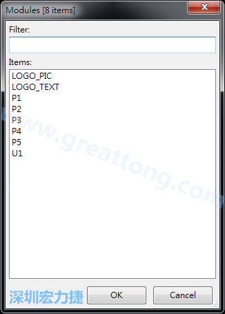 從目前正在編輯的PCB載入Module， 會顯示有那些項目可載入。點(diǎn)選一個， OK后即完成載入