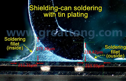 要求工程師在光學(xué)顯微鏡下親自量測(cè)了一定數(shù)量的屏蔽罩的偏移量，而且還去做了切片查看屏蔽罩內(nèi)側(cè)及外側(cè)均出現(xiàn)焊接弧度 (fillet)形狀。