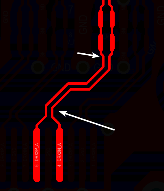 相應(yīng)的要對差分對不匹配的情況作出補償，使其線長匹配，長度差通?？刂圃?mil以內(nèi)