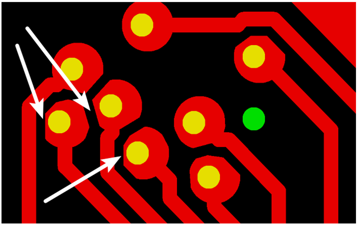 按源文件文件數(shù)據(jù)計算，孔邊緣到線邊緣6mil，孔環(huán)4mil，環(huán)到線只有2mil，保證環(huán)到線之間有3mil的安全間距需削1mil焊環(huán)，削后焊盤只有3mil
