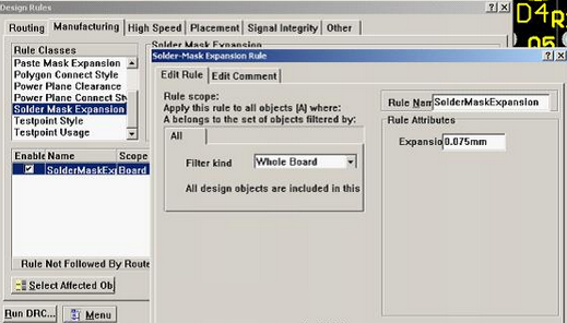5. 而對于阻焊的調(diào)整則可以通過按D、R調(diào)出[Manufacturing]制作設(shè)計規(guī)則的[Solder-Mask Expansion Rule]設(shè)置項直接設(shè)定單邊放大值