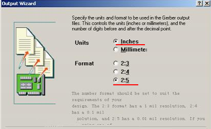 在上圖中選擇“Inches 2：5”，以確保資料精度，反之線寬、線距或孔有偏移現(xiàn)象