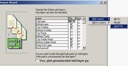 按“Next”，點擊“Menu”將Plot Layers置為Used On，Mirror Layers置為All Off后按“Next”